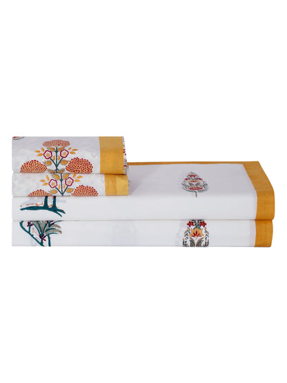 Rajasthan Decor White  and Yellow Cotton Mughal Print King Bed sheet with 2 Pillow Covers