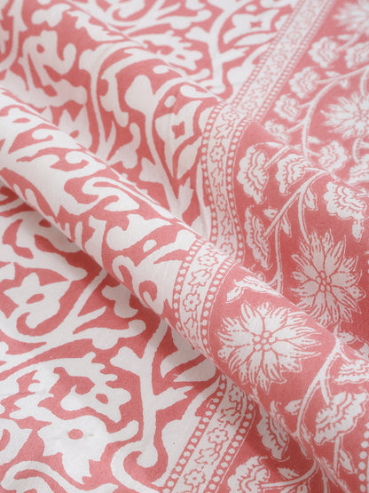 Rajasthan Decor White  and Pink Cotton Jaal Print King Bed sheet with 2 Pillow Covers