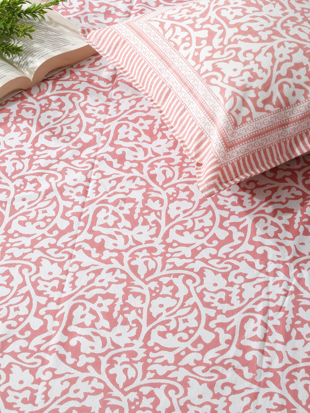 Rajasthan Decor White  and Pink Cotton Jaal Print King Bed sheet with 2 Pillow Covers