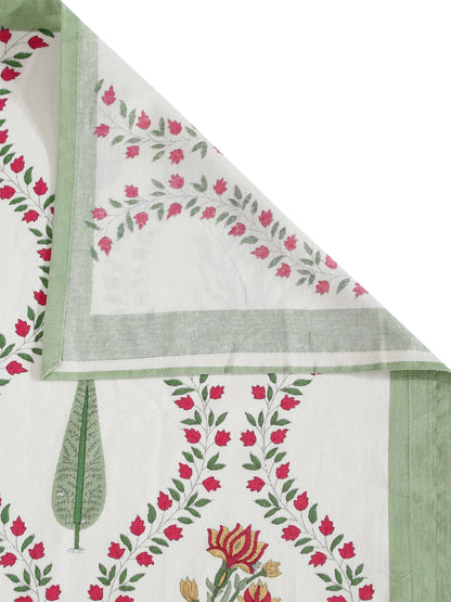 Rajasthan Decor White and Green  Cotton Flower Print King Bed sheet with 2 Pillow Covers