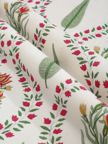 Rajasthan Decor White and Green  Cotton Flower Print King Bed sheet with 2 Pillow Covers