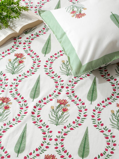 Rajasthan Decor White and Green  Cotton Flower Print King Bed sheet with 2 Pillow Covers