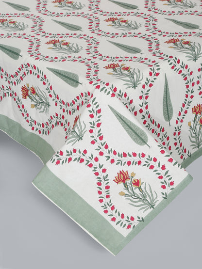 Rajasthan Decor White and Green  Cotton Flower Print King Bed sheet with 2 Pillow Covers
