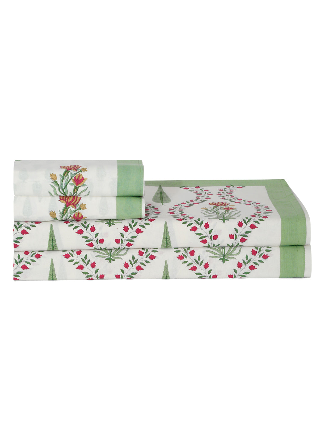 Rajasthan Decor White and Green  Cotton Flower Print King Bed sheet with 2 Pillow Covers