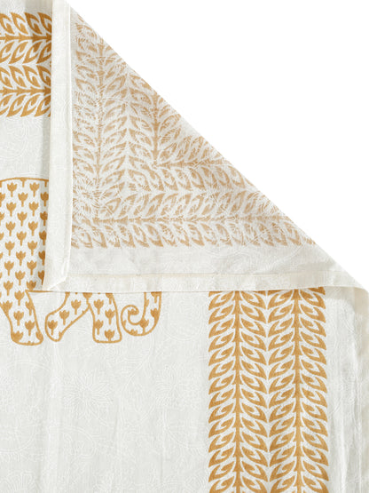 Rajasthan Decor White and Gold  Cotton animal Khadi Print King Bed sheet with 2 Pillow Covers