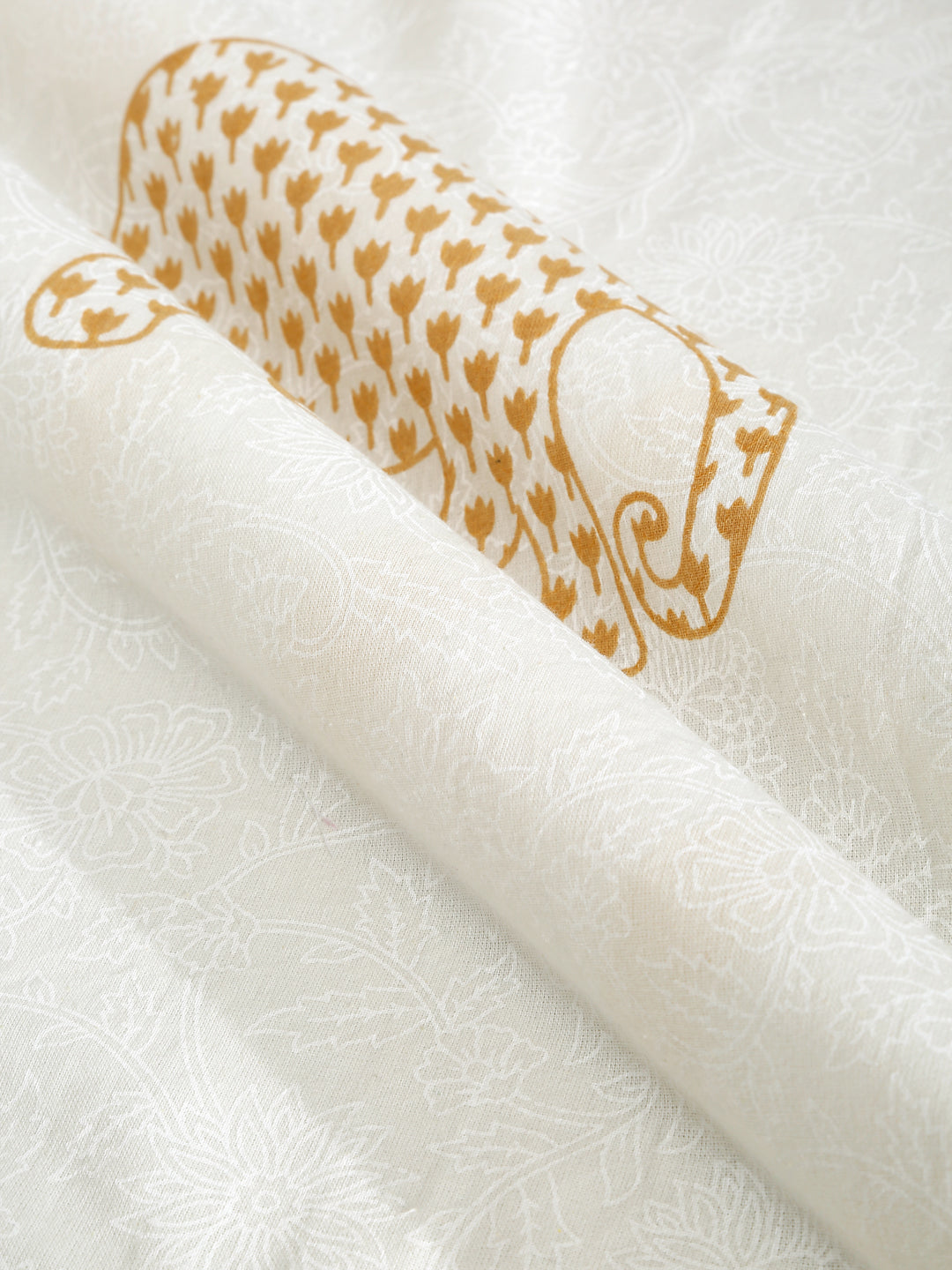 Rajasthan Decor White and Gold  Cotton animal Khadi Print King Bed sheet with 2 Pillow Covers