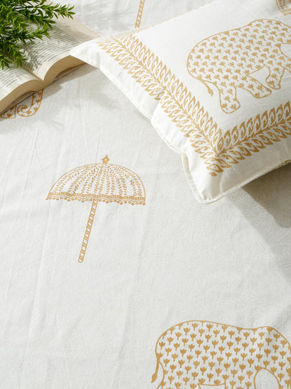 Rajasthan Decor White and Gold  Cotton animal Khadi Print King Bed sheet with 2 Pillow Covers