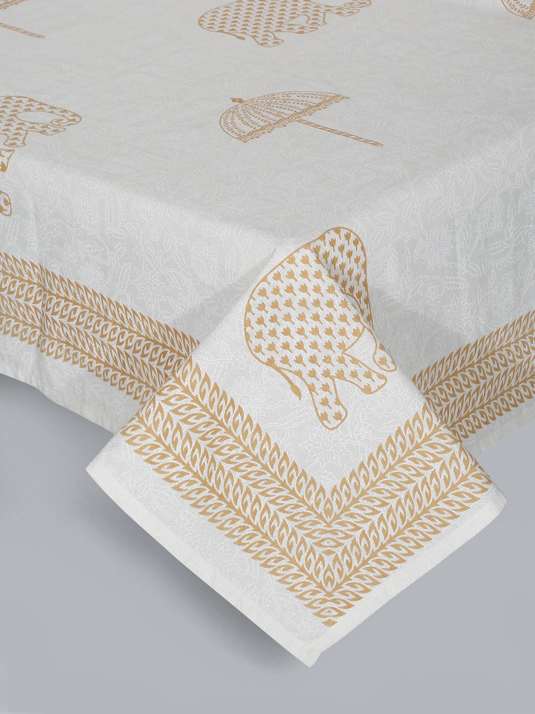 Rajasthan Decor White and Gold  Cotton animal Khadi Print King Bed sheet with 2 Pillow Covers