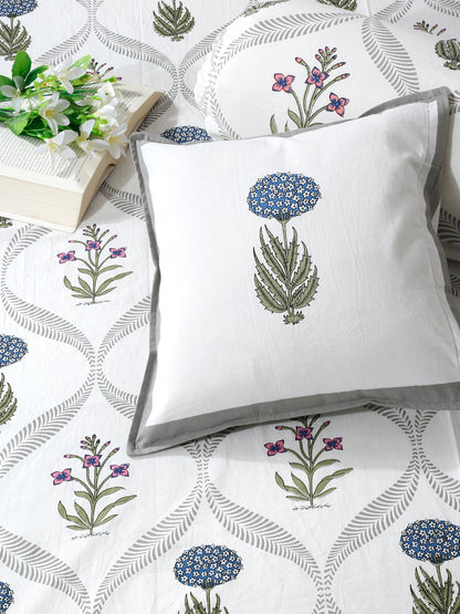 Set of 8 White Floral Print Cotton Diwan Set