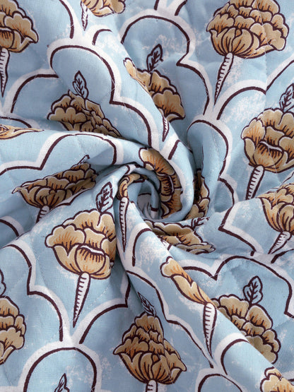 Sky Blue Quilted Floral 1 seater Cotton Sofa Cover