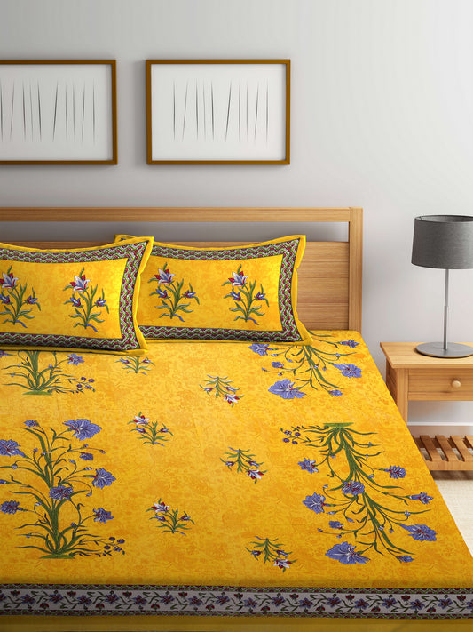 Screen Block Print Jaipuri Yellow Double Bedsheet with 2 Pillow Covers