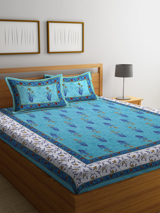 Hand Screen Blue Floral Print Double Size Bedsheet with 2 Pillow Coverss