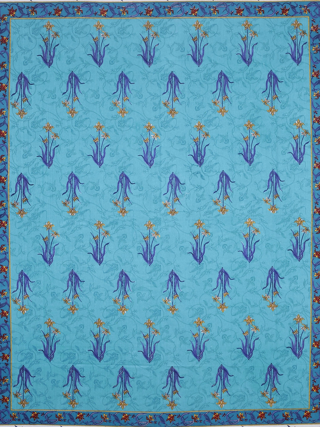 Hand Screen Blue Floral Print Double Size Bedsheet with 2 Pillow Coverss