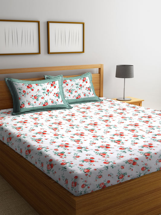 Rajasthan Decor Screen print White Color Floral Cotton King Bedsheet with 2 Pillow Covers