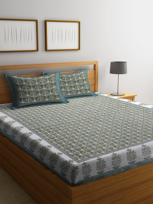 Green and White Screen Block Print Jaipuri Cotton Floral Pattern King Bedsheet with 2 Pillow Covers