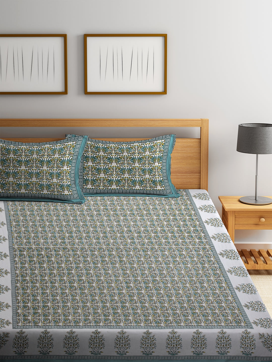 Green and White Screen Block Print Jaipuri Cotton Floral Pattern King Bedsheet with 2 Pillow Covers