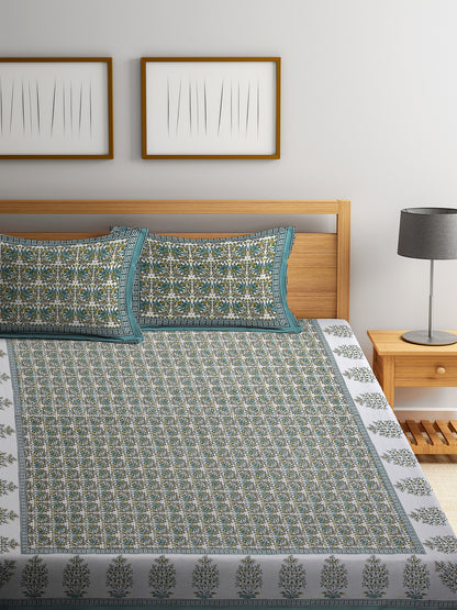 Green and White Screen Block Print Jaipuri Cotton Floral Pattern King Bedsheet with 2 Pillow Covers