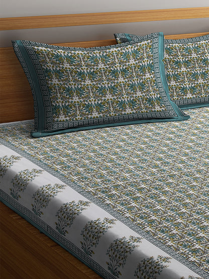 Green and White Screen Block Print Jaipuri Cotton Floral Pattern King Bedsheet with 2 Pillow Covers