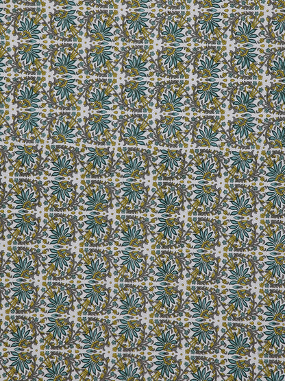 Green and White Screen Block Print Jaipuri Cotton Floral Pattern King Bedsheet with 2 Pillow Covers