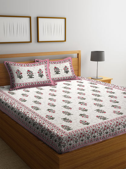White Screen Block Print Jaipuri Cotton Floral Pattern Double Bedsheet with 2 Pillow Covers
