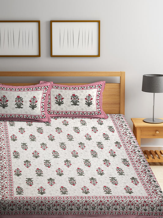 White Screen Block Print Jaipuri Cotton Floral Pattern Double Bedsheet with 2 Pillow Covers