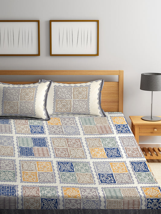 Screen Block Print Jaipuri Cotton Geometric Pattern King Size Bedsheet with 2 Pillow Covers