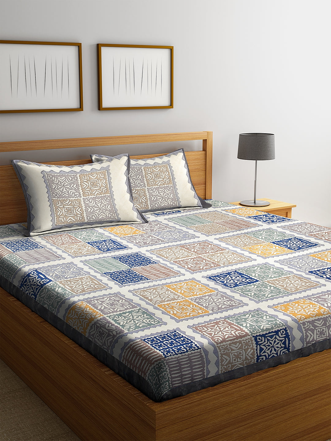 Screen Block Print Jaipuri Cotton Geometric Pattern King Size Bedsheet with 2 Pillow Covers