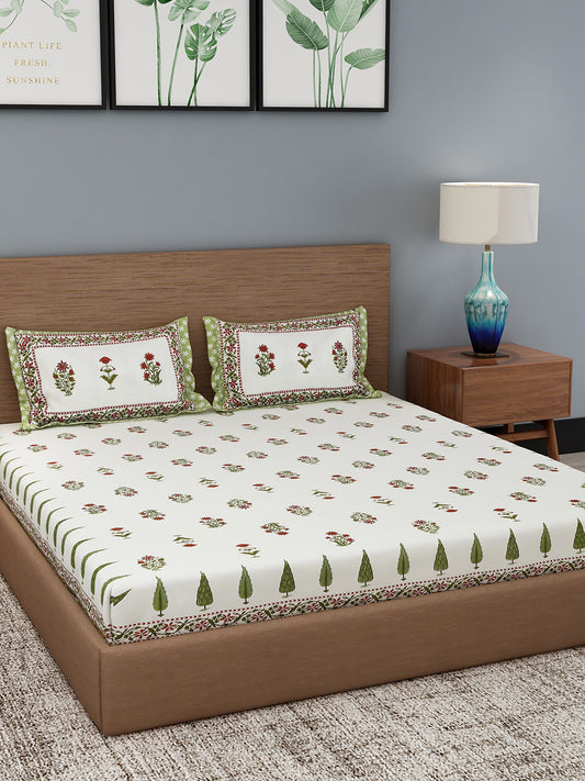 Cream Color Green Floral Print Cotton King Bed Sheet with 2 Pillow Covers