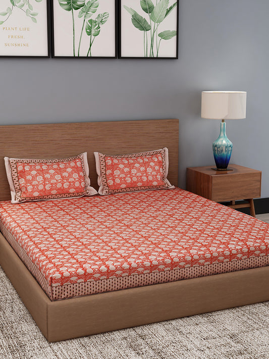 Orange Color Cream Floral Print Cotton King Bed Sheet with 2 Pillow Covers