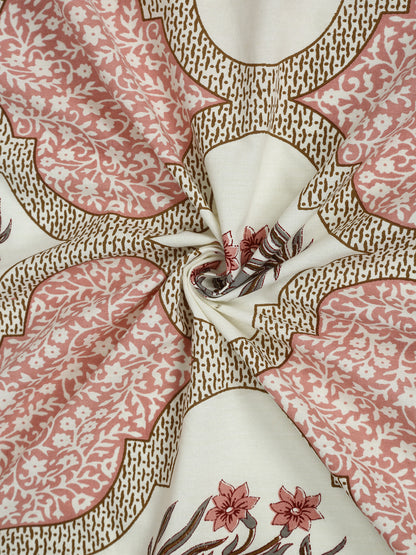 Peach and Cream Floral Print Cotton King Bed Sheet with 2 Pillow Covers
