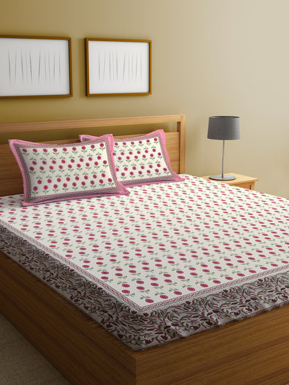 Cotton Floral Print White and Pink Double Bed sheet with 2 Pillow Covers