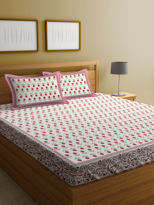 Cotton Floral Print White and Pink Double Bed sheet with 2 Pillow Covers