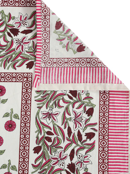 Cotton Floral Print White and Pink Double Bed sheet with 2 Pillow Covers