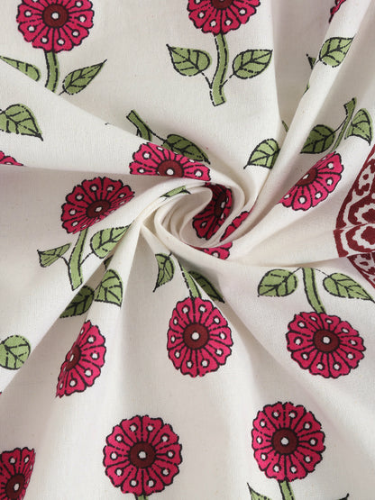 Cotton Floral Print White and Pink Double Bed sheet with 2 Pillow Covers