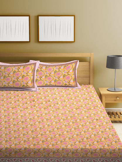 Cotton Floral Print Multi Colour King Bed sheet with 2 Pillow Covers
