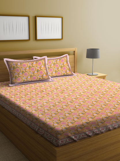 Cotton Floral Print Multi Colour King Bed sheet with 2 Pillow Covers