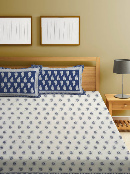 Cotton Paisley Print King Bed sheet with 2 Pillow Covers