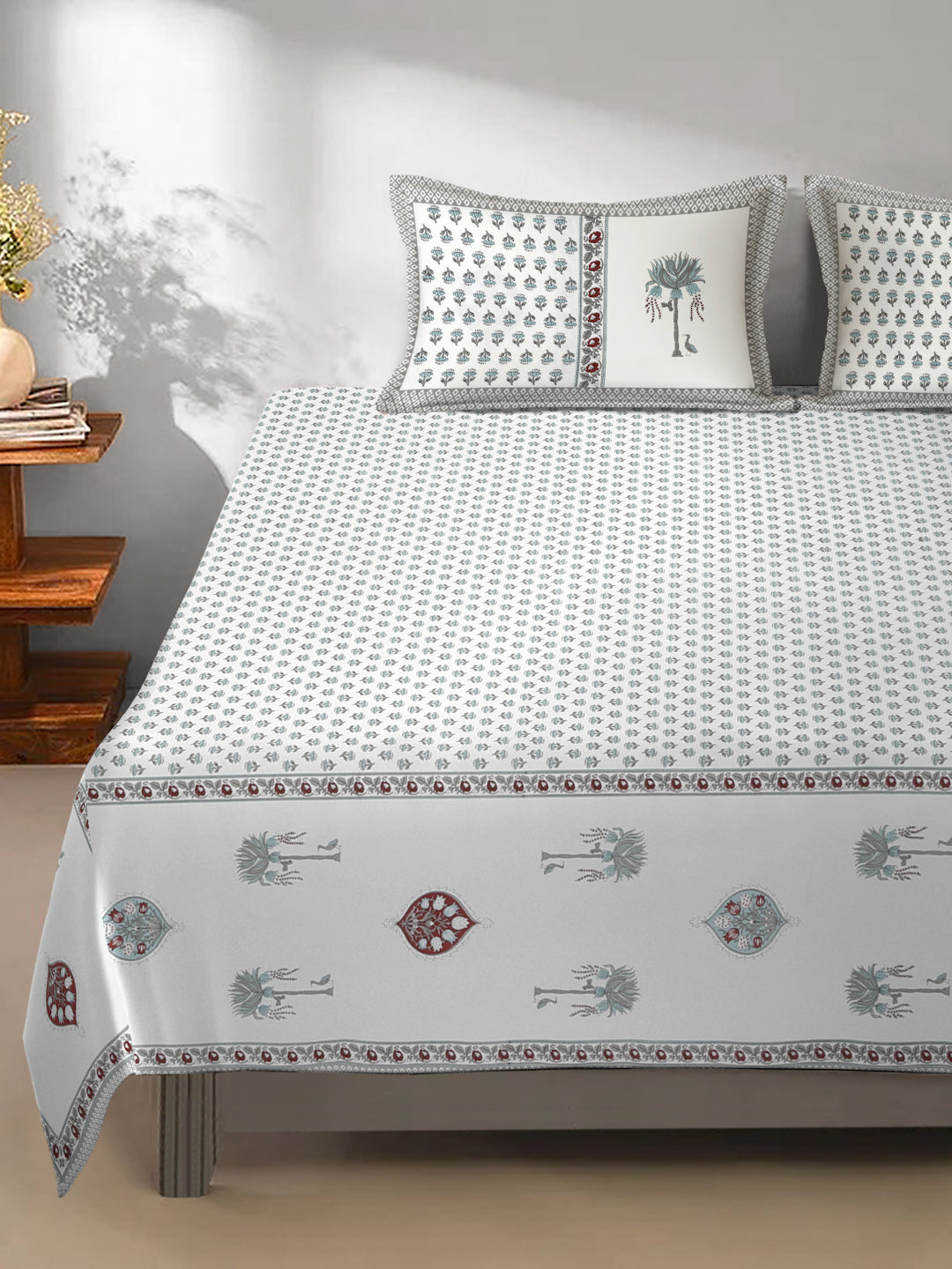 White and Turquoise Cotton Jaipur Print Floral King Size Bedsheet with 2 Pillow Covers