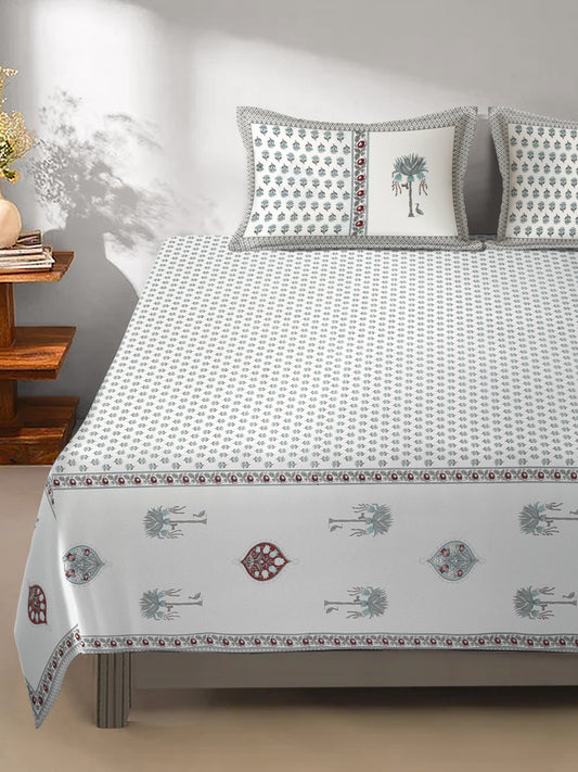 White and Turquoise Cotton Jaipur Print Floral King Size Bedsheet with 2 Pillow Covers