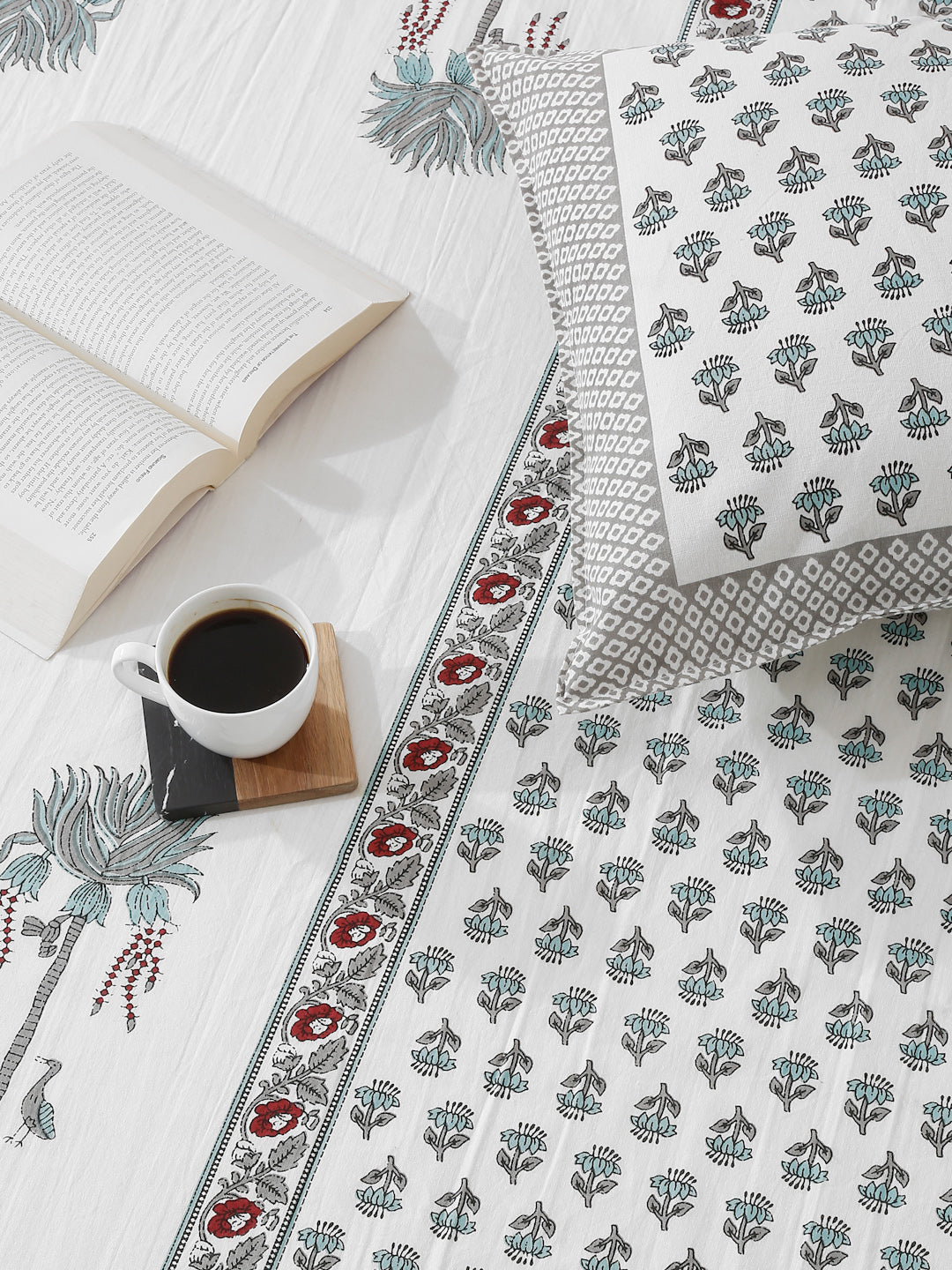 White and Turquoise Cotton Jaipur Print Floral King Size Bedsheet with 2 Pillow Covers