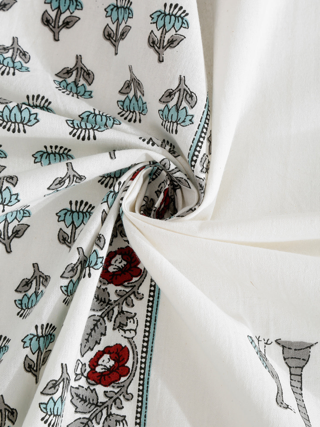 White and Turquoise Cotton Jaipur Print Floral King Size Bedsheet with 2 Pillow Covers