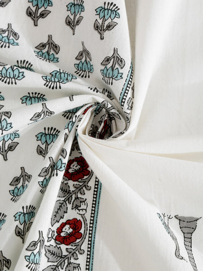 White and Turquoise Cotton Jaipur Print Floral King Size Bedsheet with 2 Pillow Covers