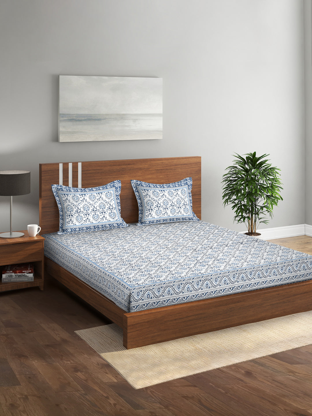 White and Blue Cotton Jaipur Print Floral King Size Bedsheet with 2 Pillow Covers