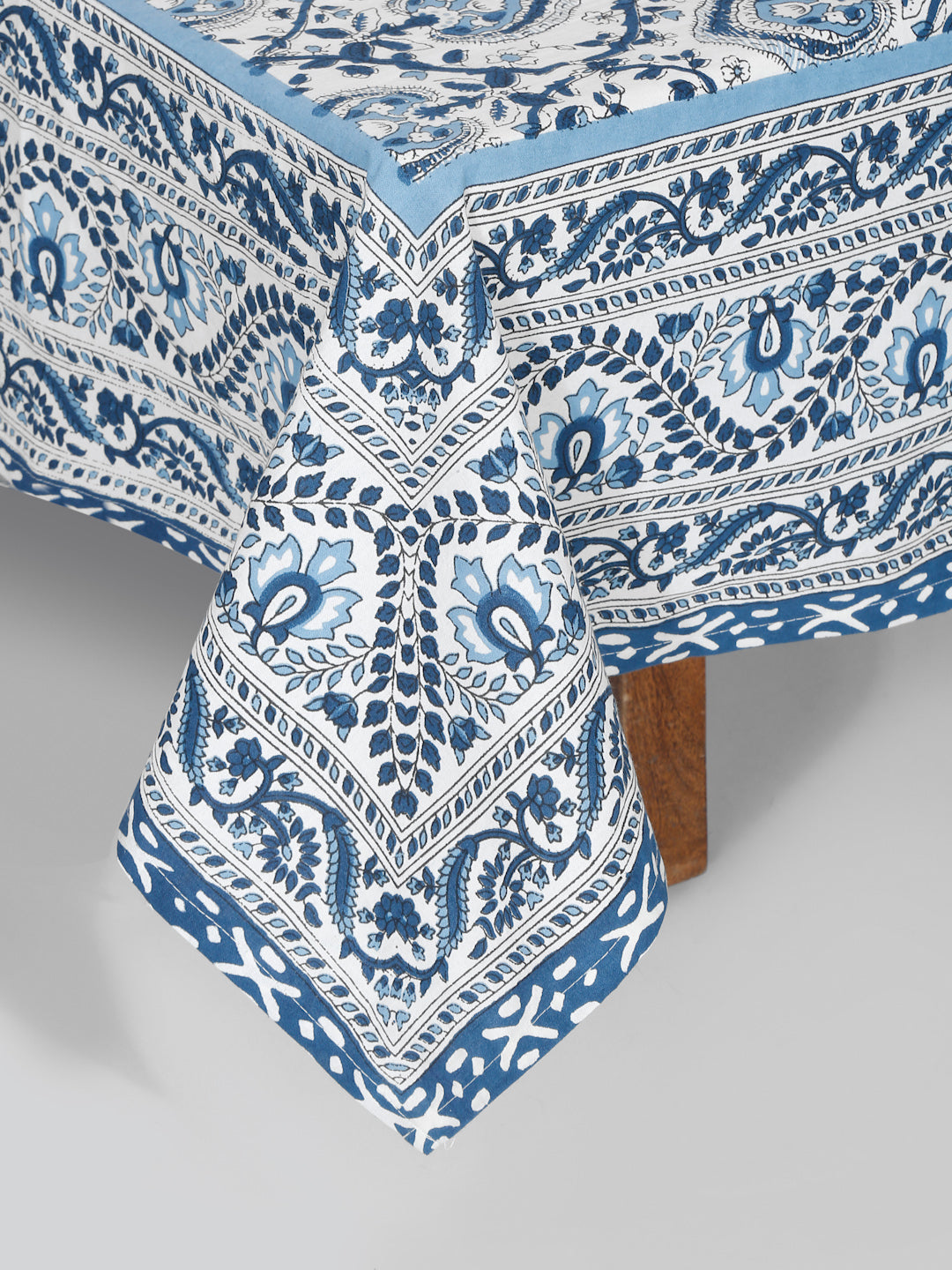 White and Blue Cotton Jaipur Print Floral King Size Bedsheet with 2 Pillow Covers
