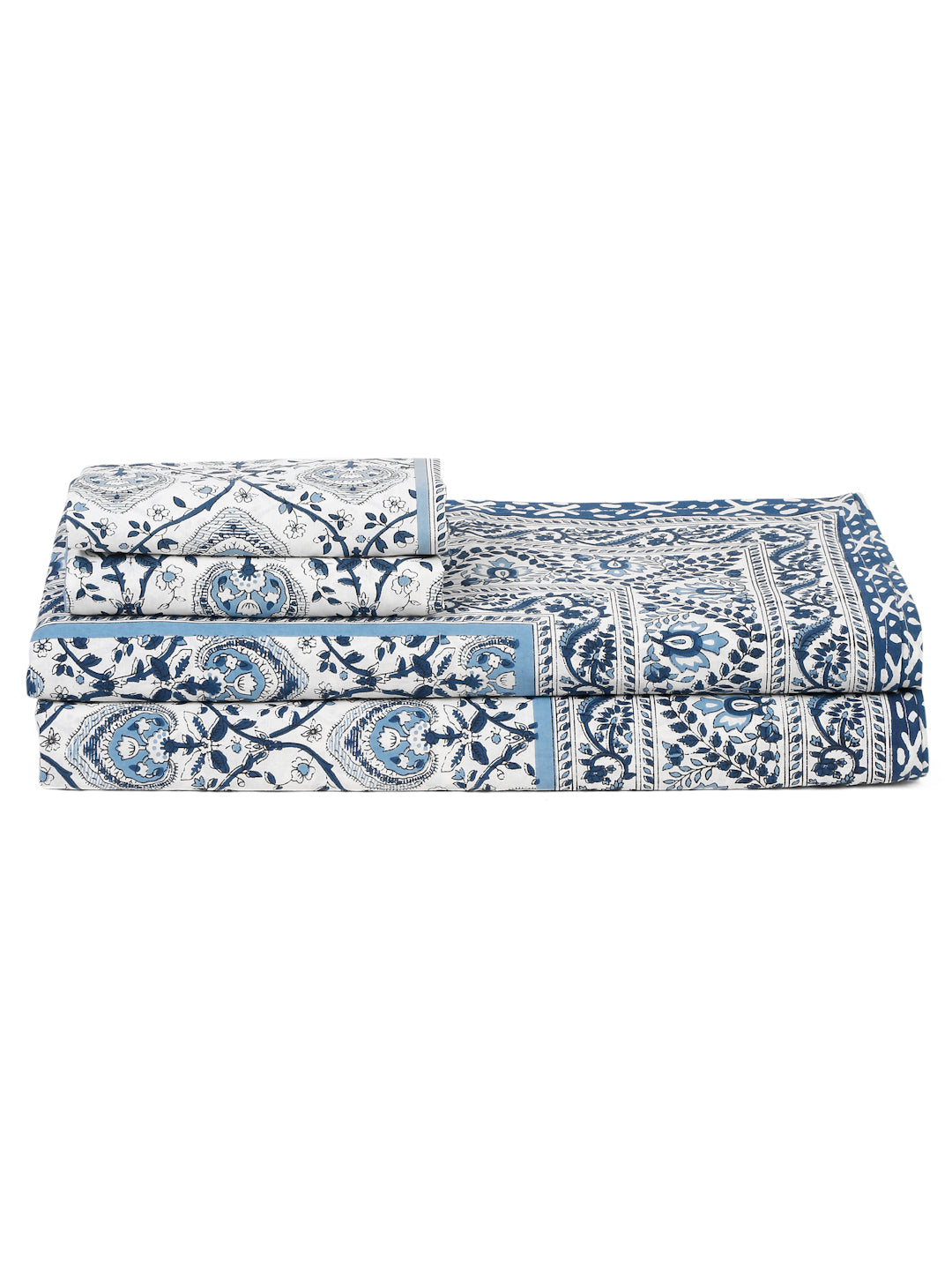 White and Blue Cotton Jaipur Print Floral King Size Bedsheet with 2 Pillow Covers