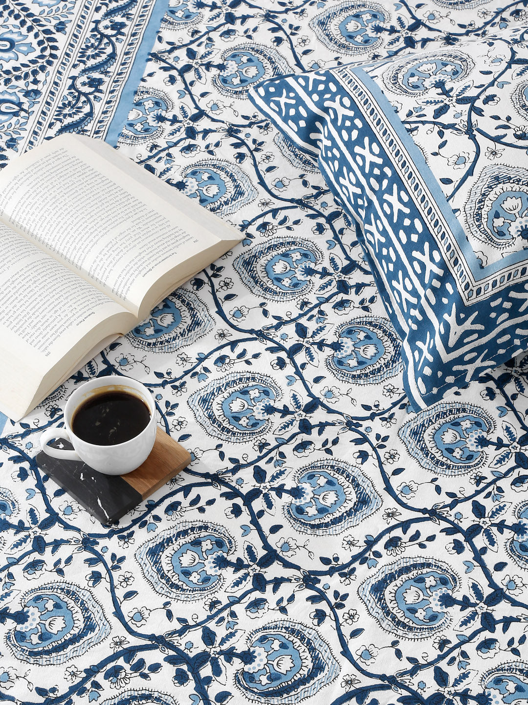 White and Blue Cotton Jaipur Print Floral King Size Bedsheet with 2 Pillow Covers