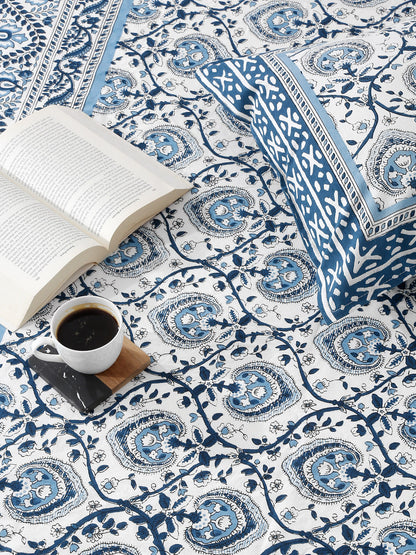 White and Blue Cotton Jaipur Print Floral King Size Bedsheet with 2 Pillow Covers