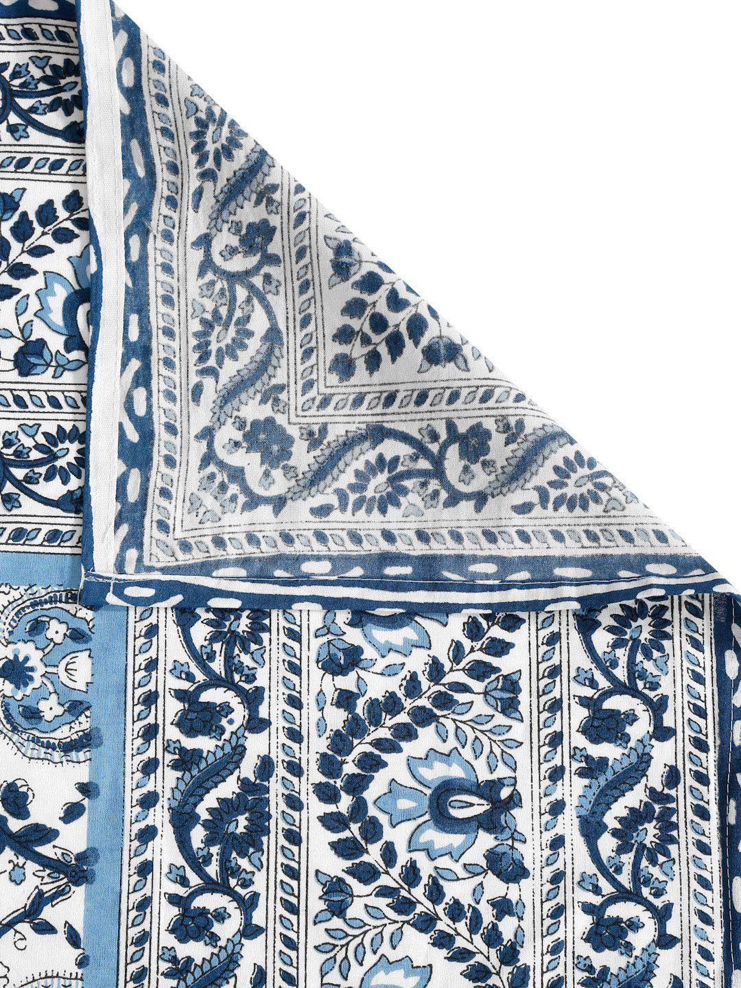White and Blue Cotton Jaipur Print Floral King Size Bedsheet with 2 Pillow Covers