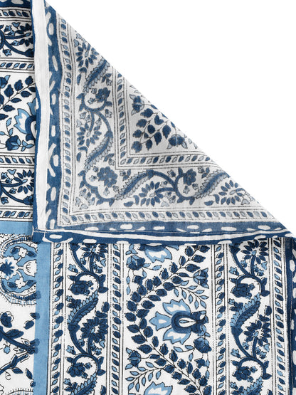 White and Blue Cotton Jaipur Print Floral King Size Bedsheet with 2 Pillow Covers