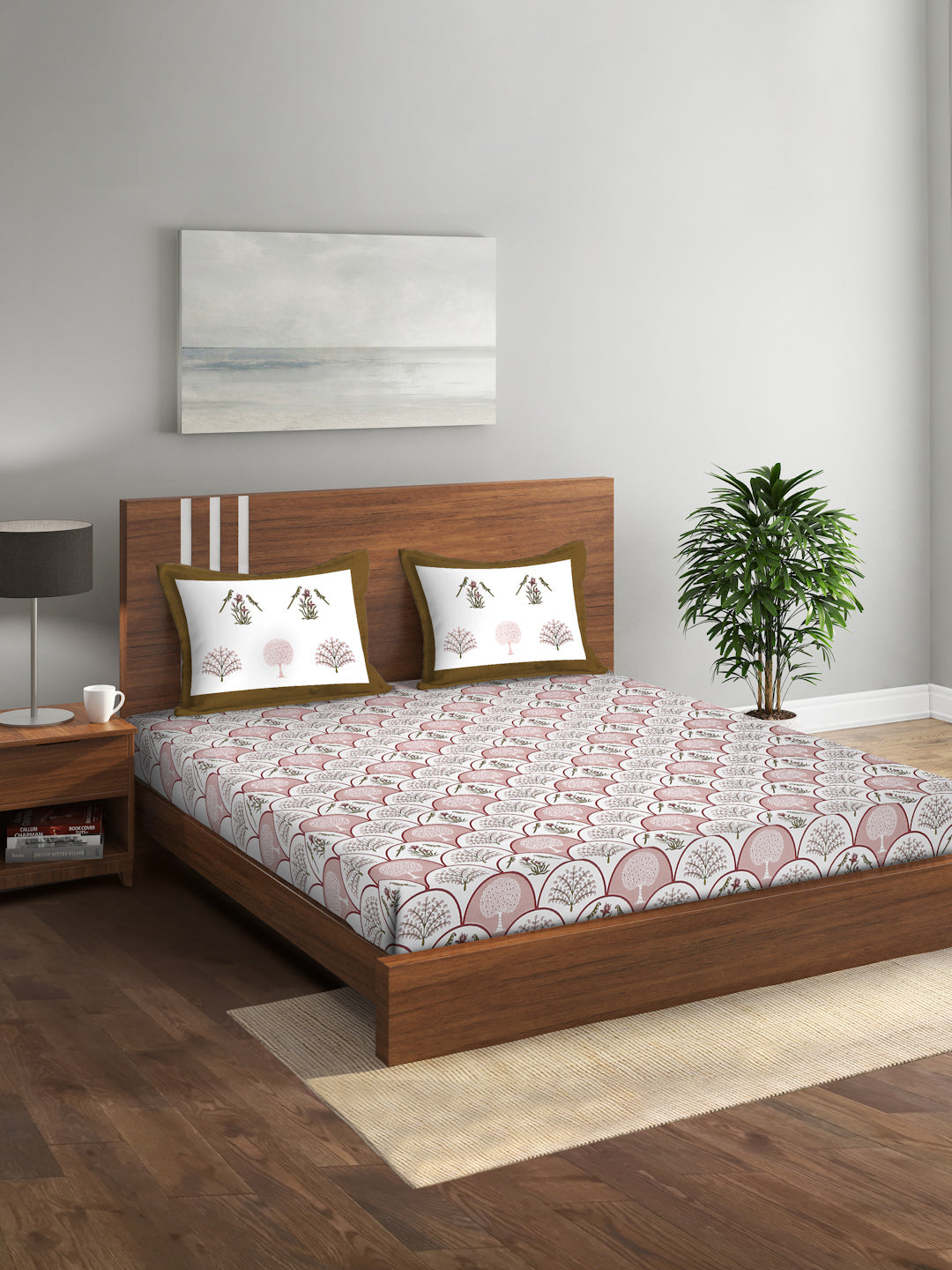 White and Peach Cotton Jaipur Floral Print King Size Bedsheet with 2 Pillow Covers